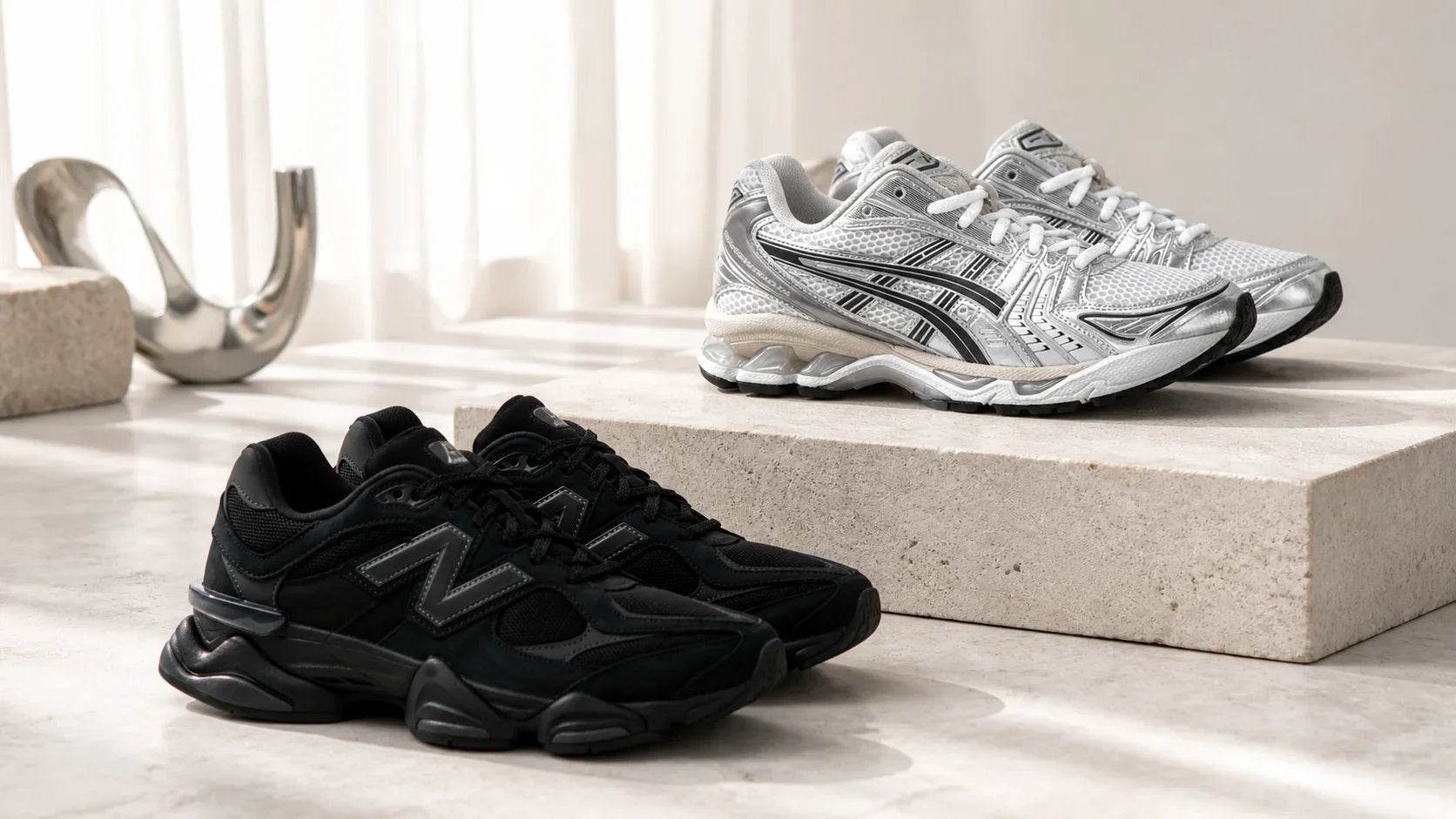 ASICS Gel-Kayano 14 and New Balance 9060 retro runners in a bright studio