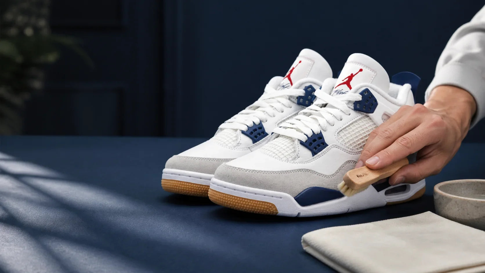 Cleaning an Air Jordan 4 Retro SB Navy with a soft brush