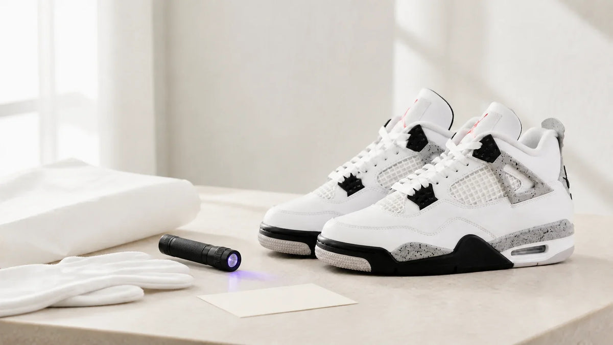 Air Jordan 4 White Cement pair beside a UV authentication light