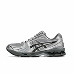 A silver and black Asics running shoe shown from the side profile against a plain white background.