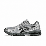 A silver and black Asics running shoe shown from the side profile against a plain white background.