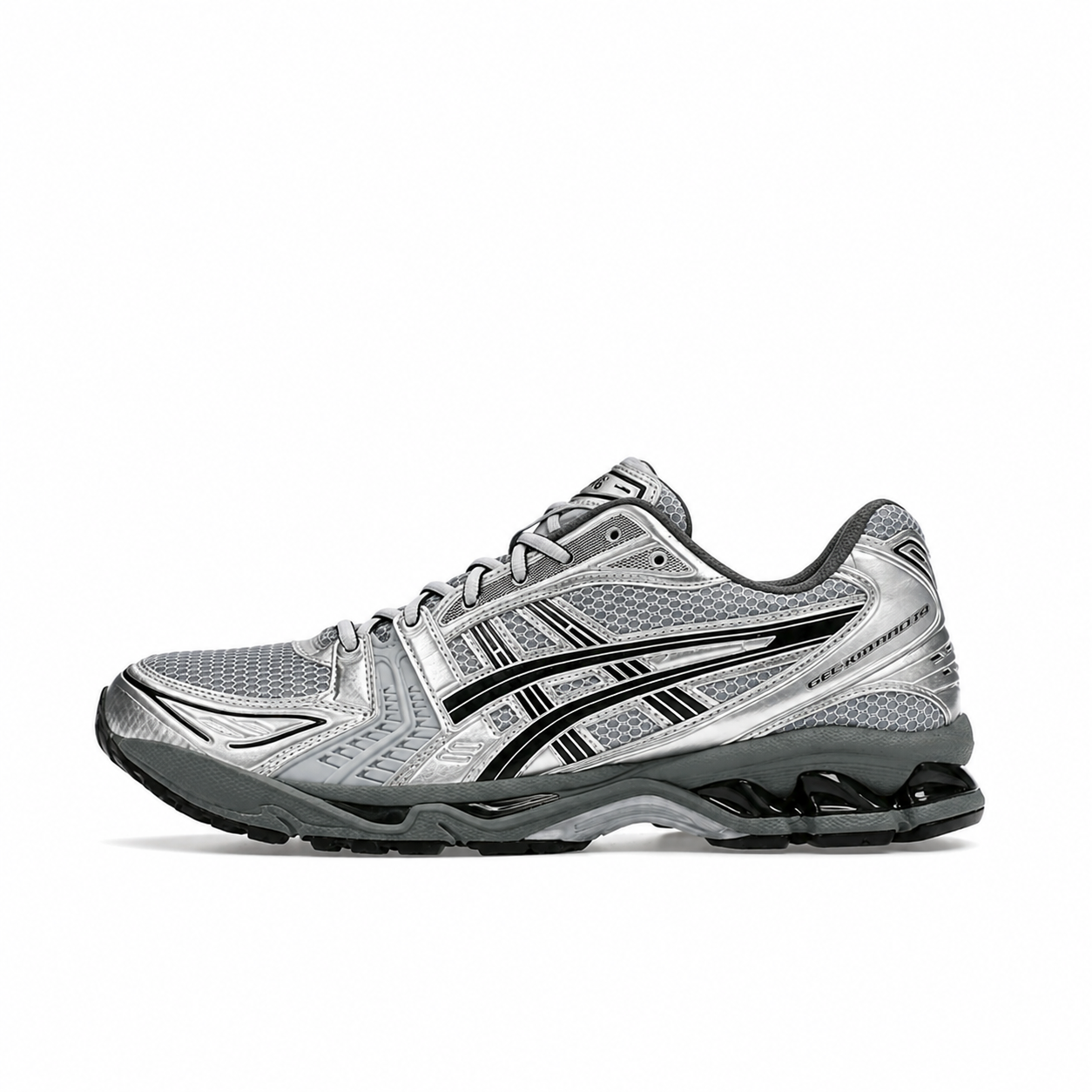 A silver and black Asics running shoe shown from the side profile against a plain white background.